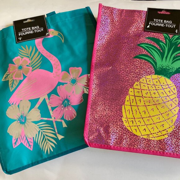 2 Flamingo Pineapple Tote Bags Shopper Reusable Shopping Bag Beach Tropical - Picture 1 of 13